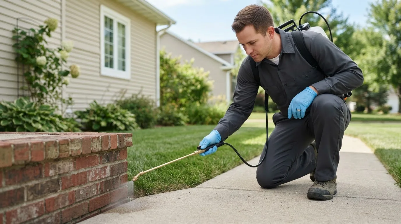 Pest control technician treating a home near West Salem, IL
