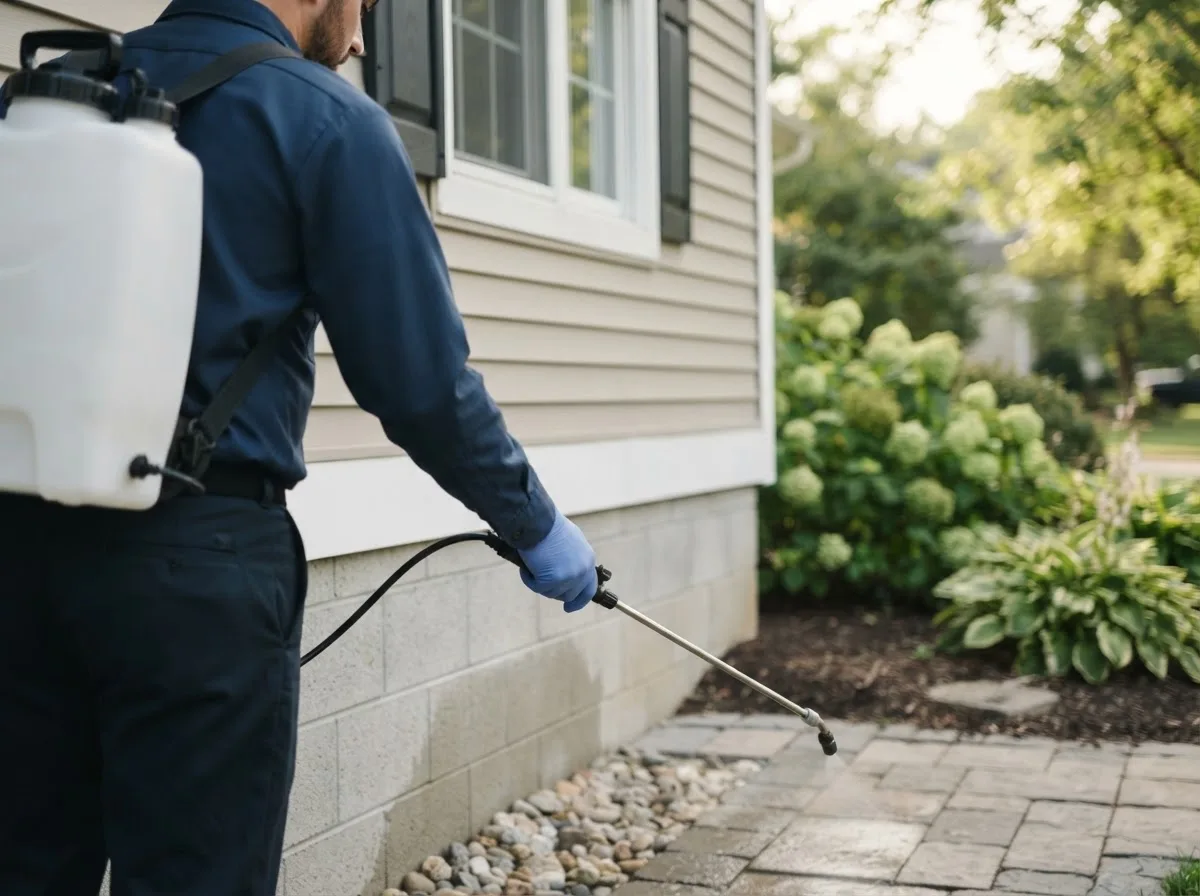 Pest control technician inspecting a home in West Salem, IL